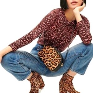 J. Crew Tippi Pink Leopard Print Merino Wool Crew Neck Pullover Office Career S